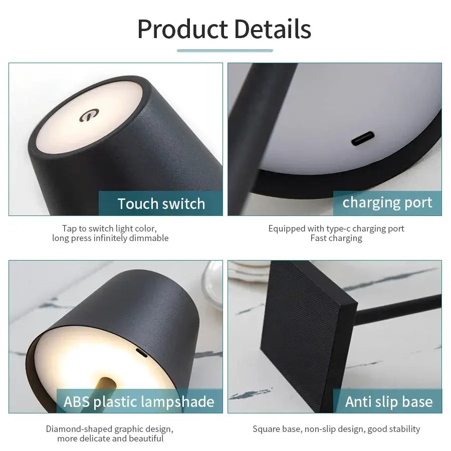 LED desk lamp USB rechargeable with touch switch, black ABS lampshade, 3 color modes, USB-C charging port, anti-slip base