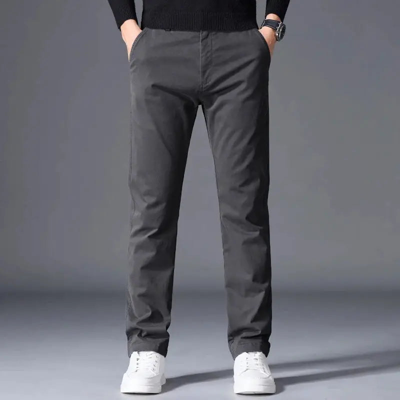 Men's cotton pants by Simples Market, charcoal gray straight-leg with elastic waistband.