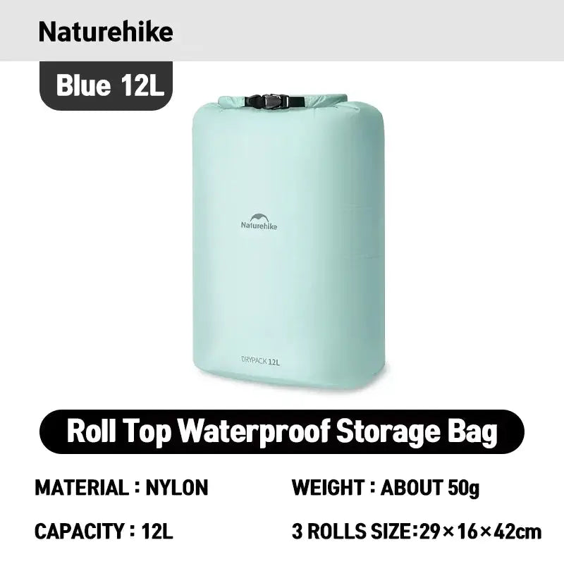 Naturehike roll-top waterproof storage bag, blue nylon, 12L capacity, lightweight travel organizer