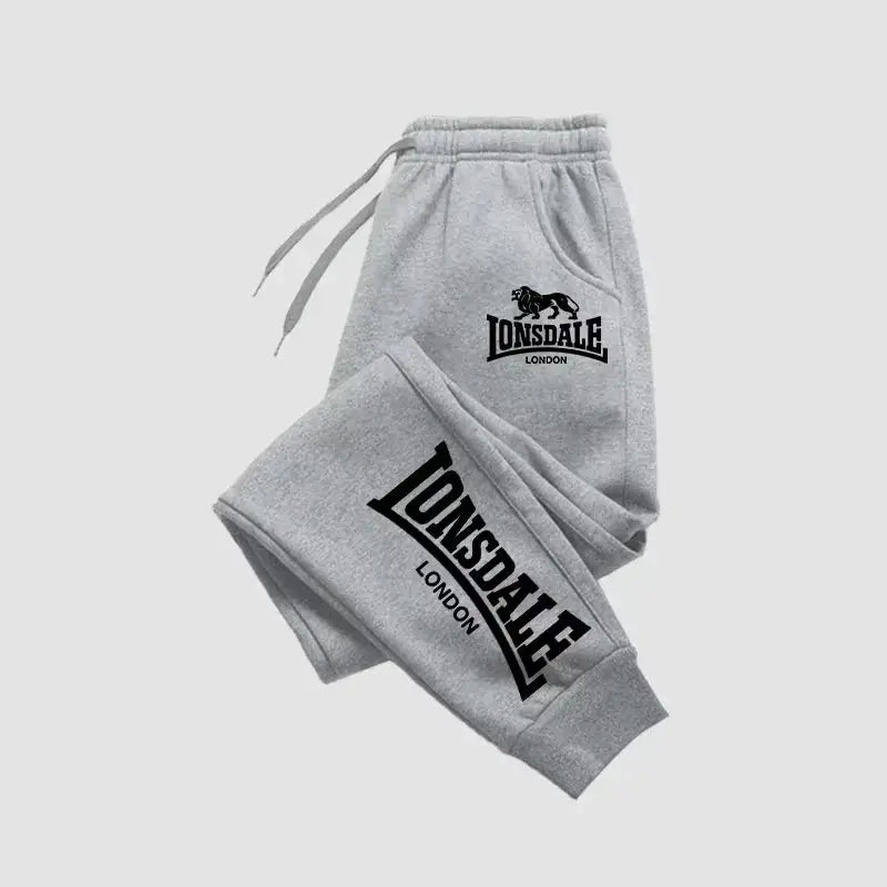 Men's grey Lonsdale London joggers with black logo, two pairs shown