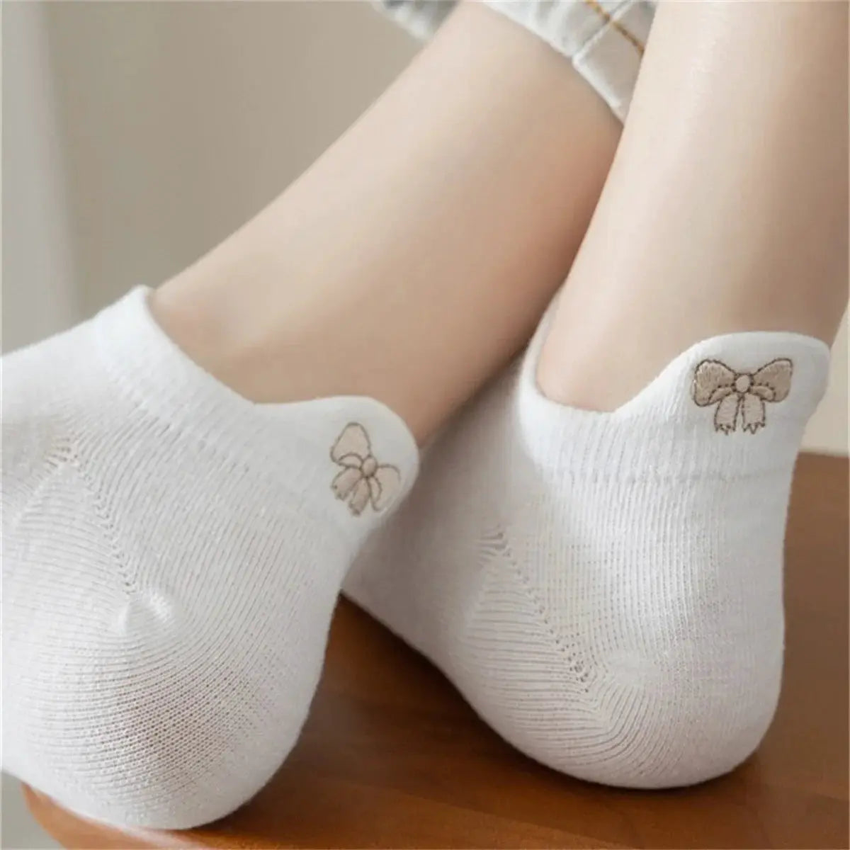Five Pairs Embroidered Breathable Mesh White Socks For Women Featuring Crown Heart Bee Sakura And Bowknot Designs