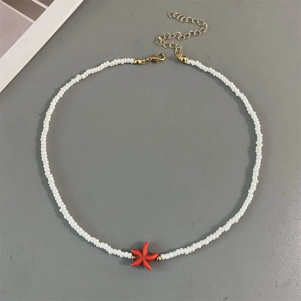 Shell Starfish Seed Beads Choker Necklace For Women Handmade Summer Vacation Gift White Jewelry