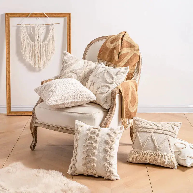 Pillow case set in beige bohemian style for modern sofa decor with textured cream cushions