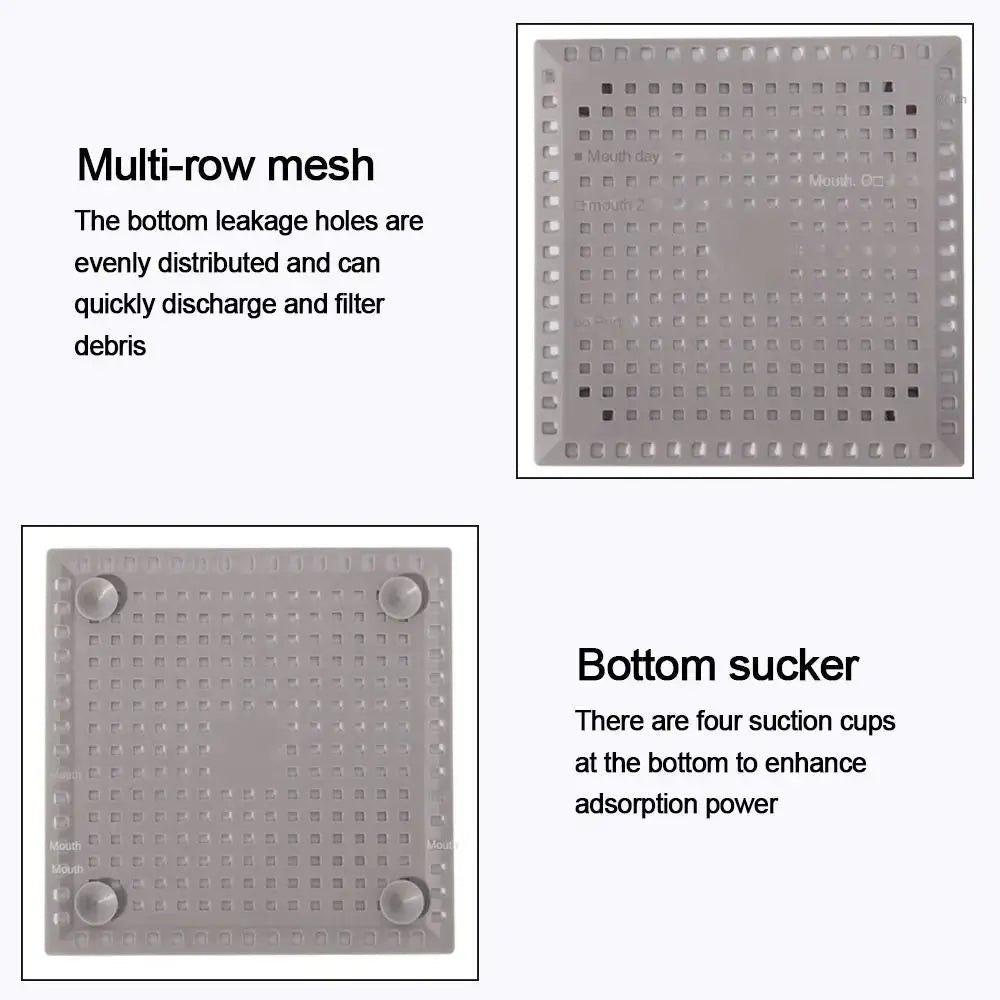 Gray square kitchen sink drain strainer with bottom suction cups and perforated mesh.