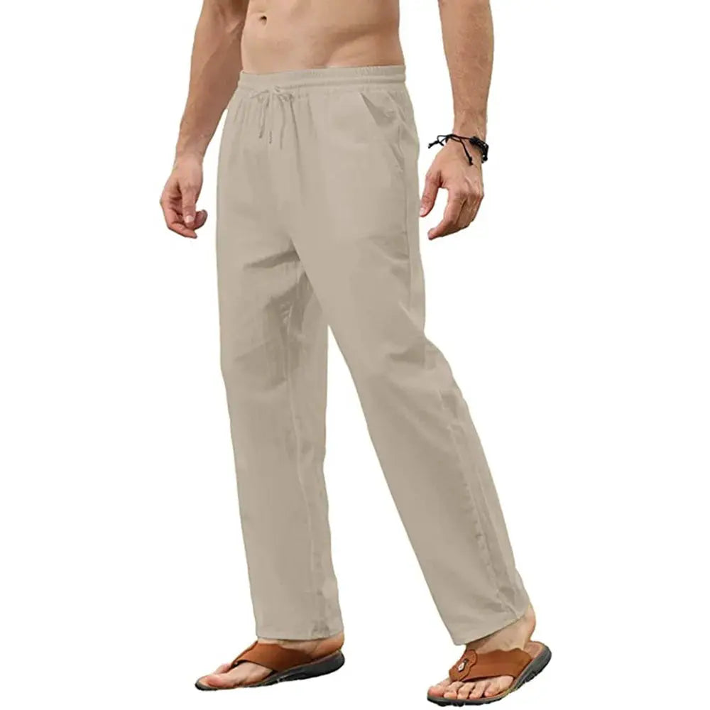 Simples Market men's cotton linen pants, beige breathable loose jogger with drawstring
