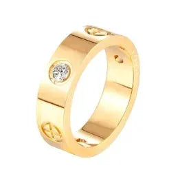 Gold Stainless Steel Ring With Round Bead And Clear Crystal Zircon Waterproof Everyday Fine Jewelry