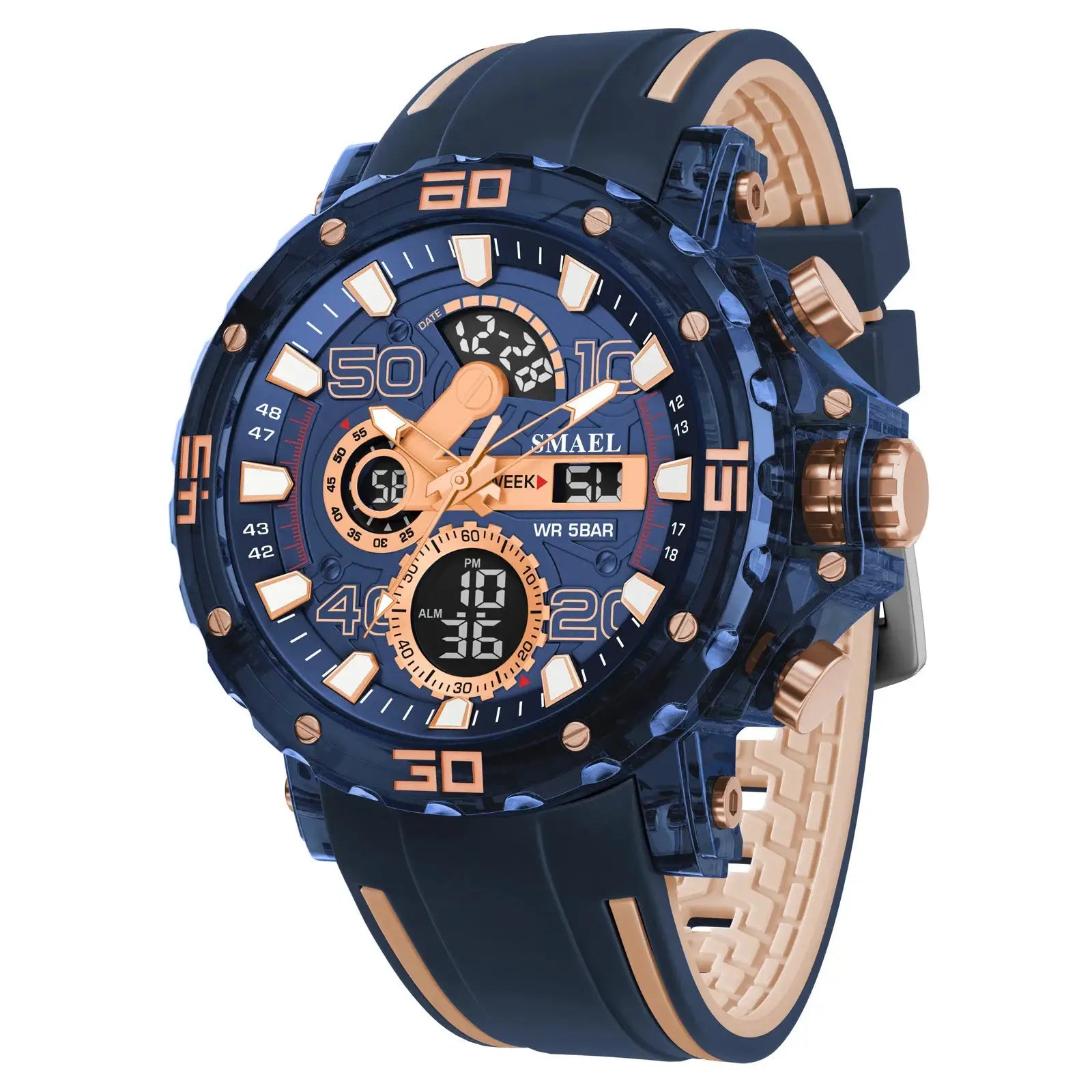 Military-style men's wristwatch in blue with rose-gold accents; SMAEL dial, 50M water resistance, LED light.