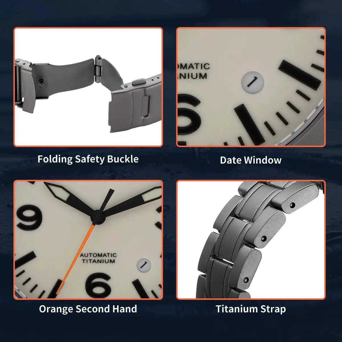 BERNY aviation titanium mechanical watch for men with folding safety buckle, date window, orange second hand