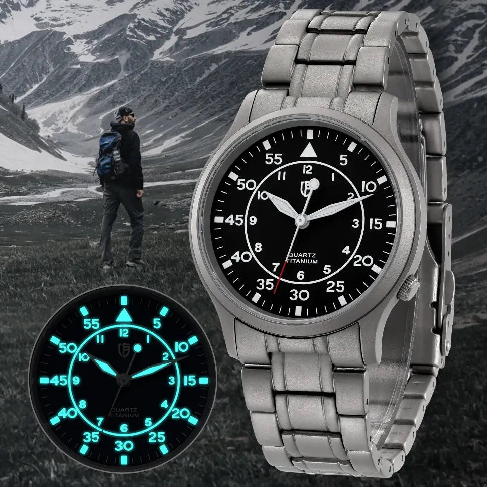 BERNY Titanium Watch by Simples Market; titanium bracelet, AR coating sapphire dial, luminous, 5ATM waterproof.