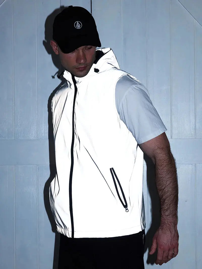 Night reflective vest for men, white hooded sleeveless jacket with black zipper and pockets