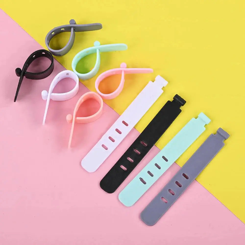 Cable tie straps set; six pastel silicone cord organizers for reusable wire management