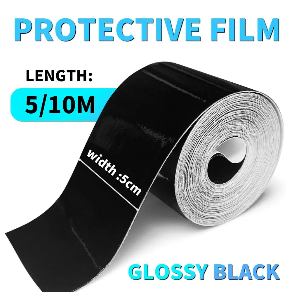 Car wrap film roll, glossy black carbon-fiber finish, length options 5 or 10 m.