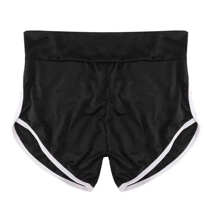 Simples Market women's black athletic shorts with white trim, stretchy gym/yoga shorts.