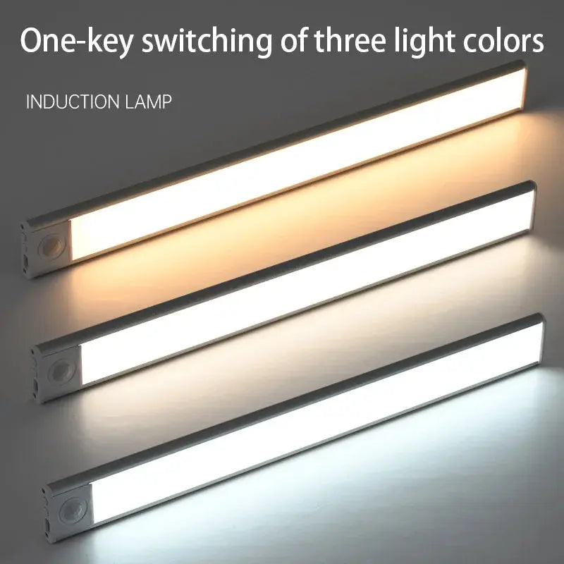 LED motion sensor under-cabinet light bars; three USB-powered units with warm, neutral, and cool white