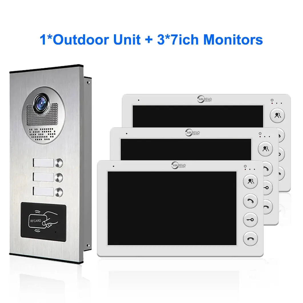 ANJIELO 3-unit video intercom system with RFID unlock; 1 outdoor unit + 3 white 7-inch monitors