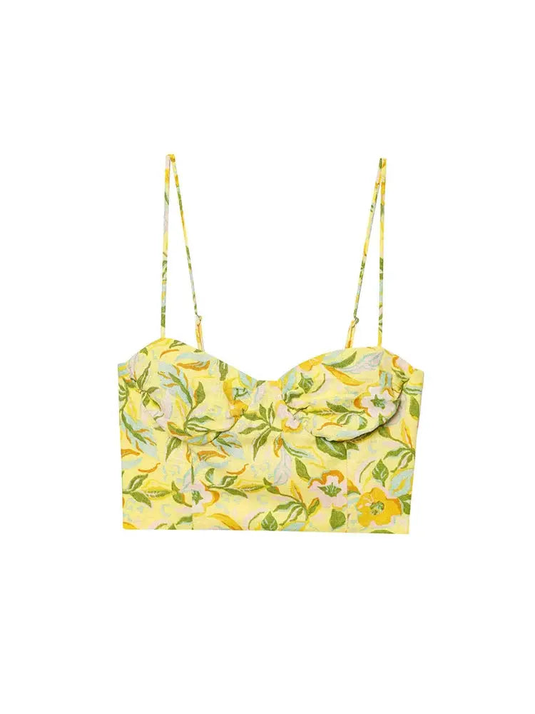 Floral Print Two Piece Set Women Crop Camisole A Line Skirt Beachwear