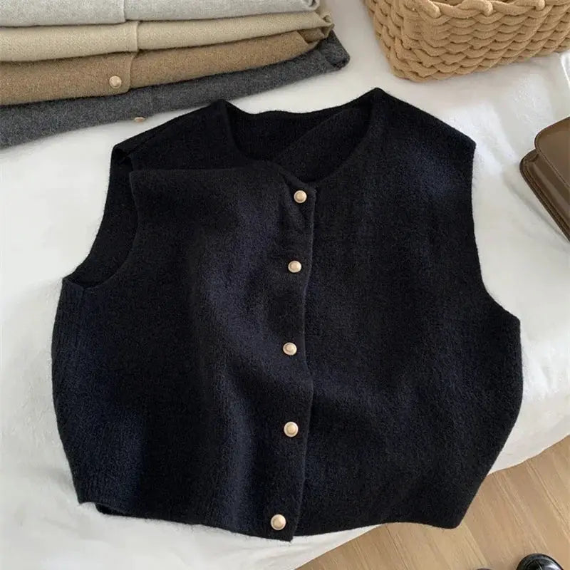 Women Gold Button Up Sweater Vest Waistcoat Soft Knitted Sleeveless Cardigan Jacket Top For Fall Winter Korean Chic Outfit