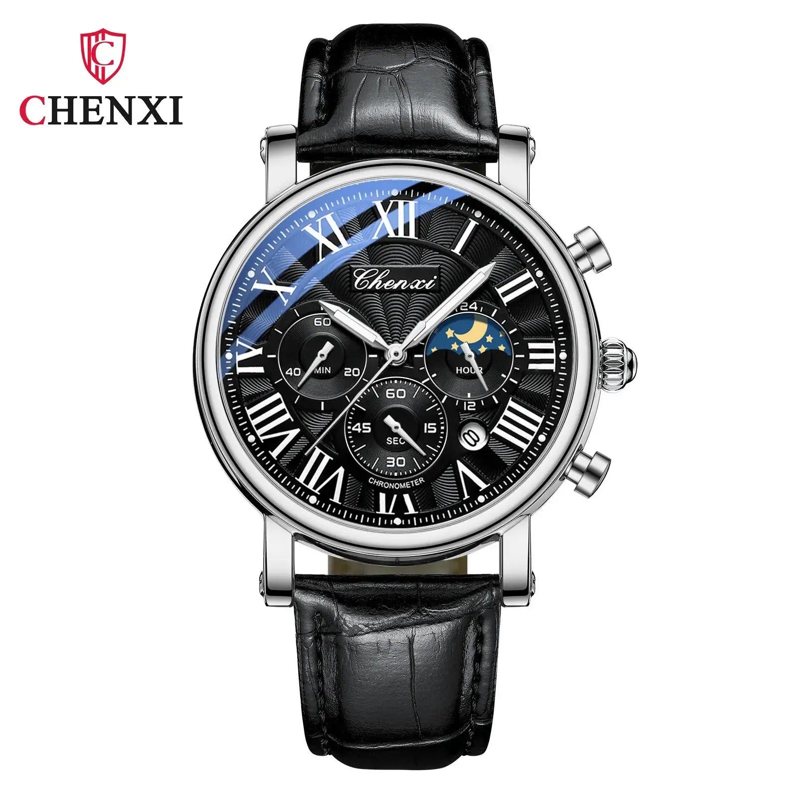 Chenxi 973 Moon Phase Date Analog Mens Wristwatch With Water Resistant Leather Strap And Imported Quartz Movement