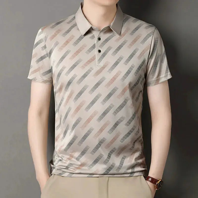 Men's polo shirt by Simples Market, short sleeves, beige and gray diagonal striped print.