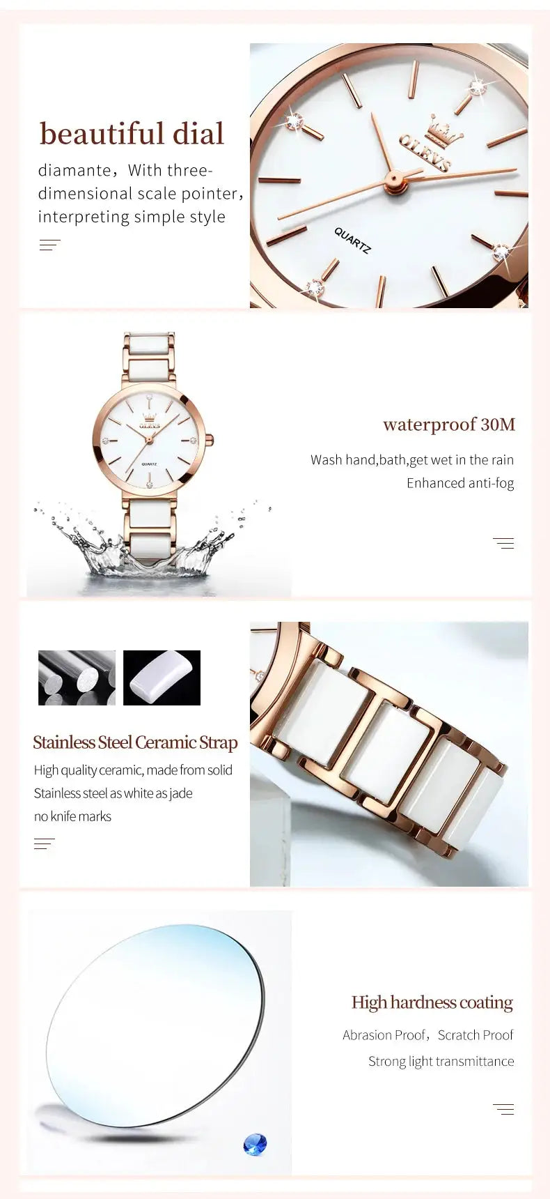 OLEVS women's rose gold ceramic-strap quartz watch by Simples Market