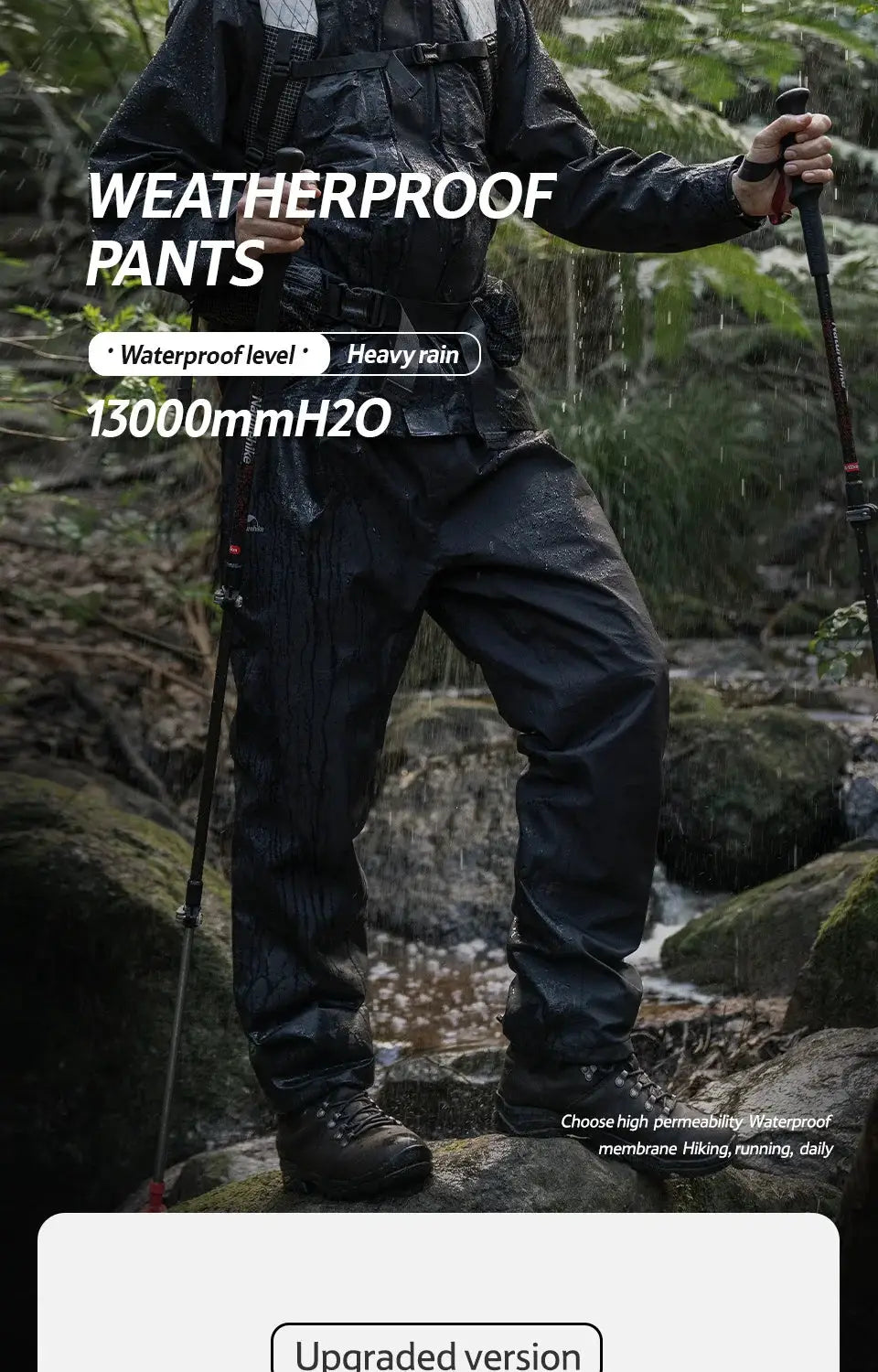 Naturehike rainproof hiking pants, black ultralight waterproof breathable for outdoor use