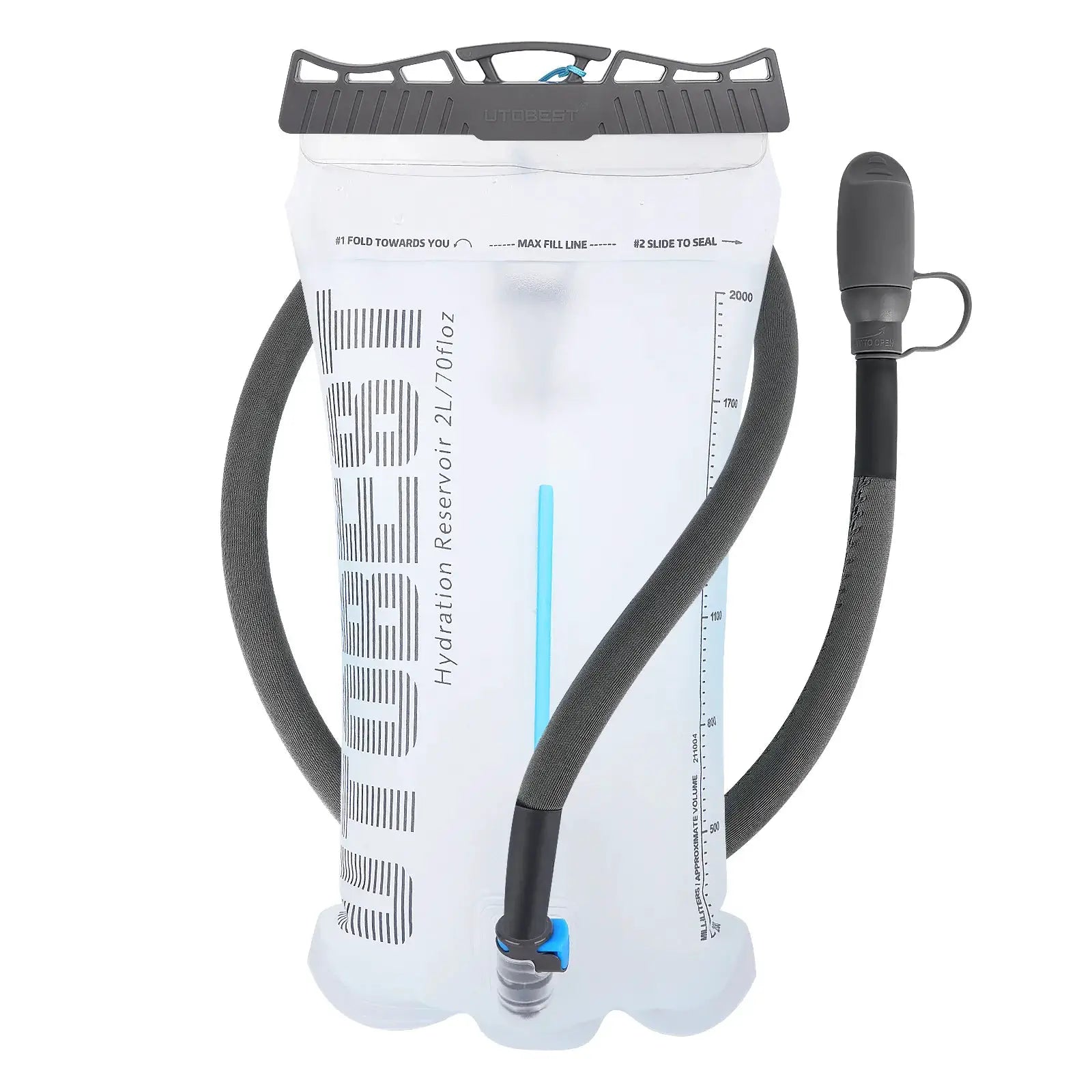 UTOBEST hydration bladder reservoir, TPU clear bag with blue drinking tube, 2L capacity