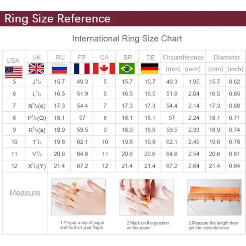 Ring size reference chart with international sizes and country flags, measurement guide, and step-by-step diagrams.