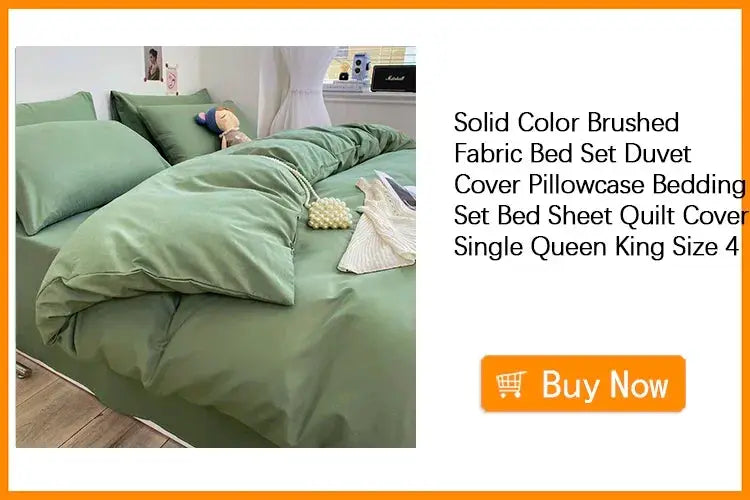 Bed set in solid green brushed fabric with duvet cover and pillowcases on a bed
