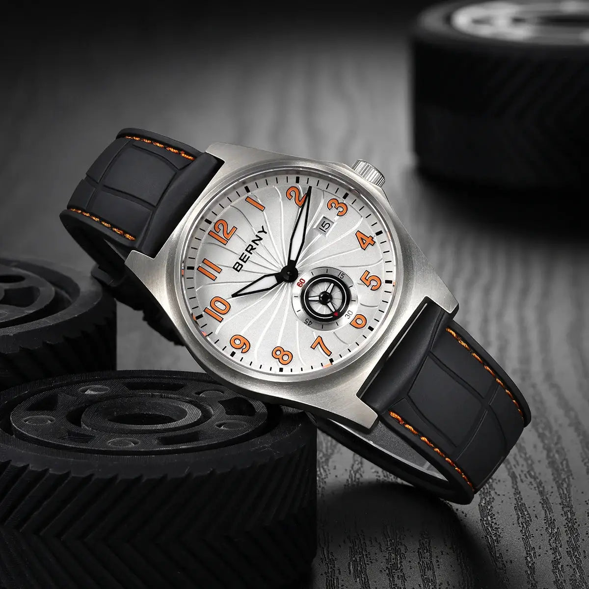 BERNY titanium automatic men's watch with silver dial, orange numerals, black strap and orange stitching