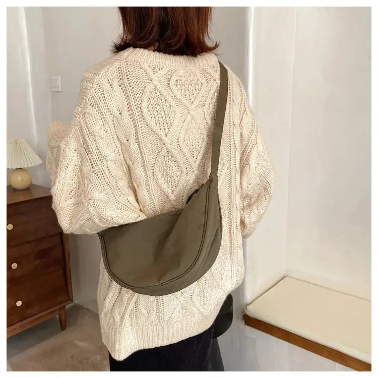 Casual nylon hobo crossbody bag in olive with a long strap