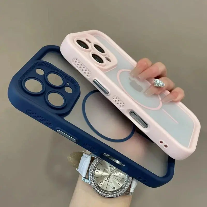 Simples Market Trendy 2 in 1 skin-feel silicone iPhone case set of 2, blue and pink clear-backed, MagSafe compatible