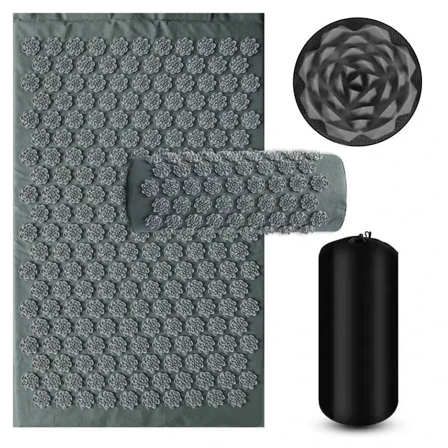 Simples Market acupressure yoga mat kit with spike cushion, roller, and carry bag in gray