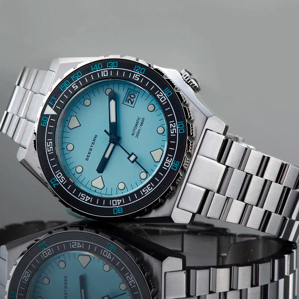 SEESTERN SUB600T V3 men's diving watch; turquoise dial, ceramic bezel, stainless steel bracelet, automatic NH35