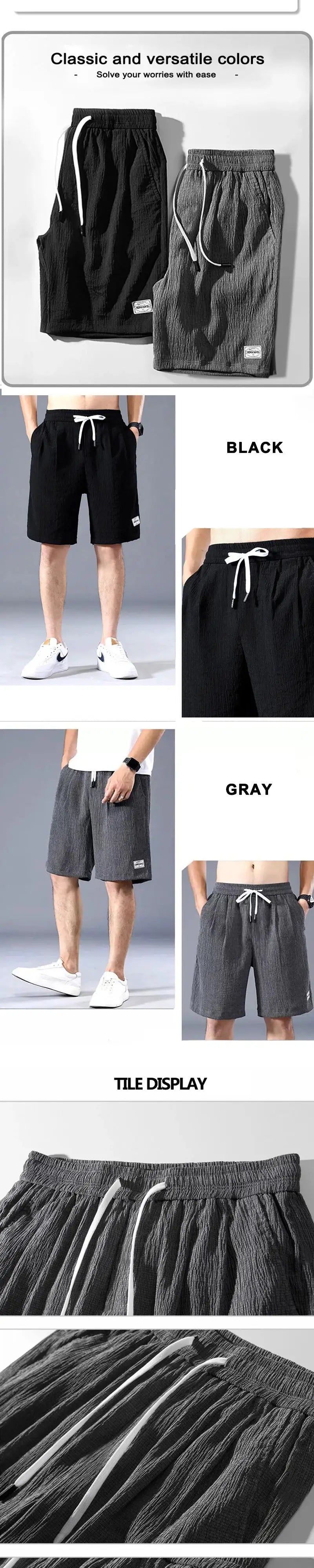 Lce Silk Shorts for Men in black and gray with white drawstring; lightweight, breathable cropped athletic shorts.