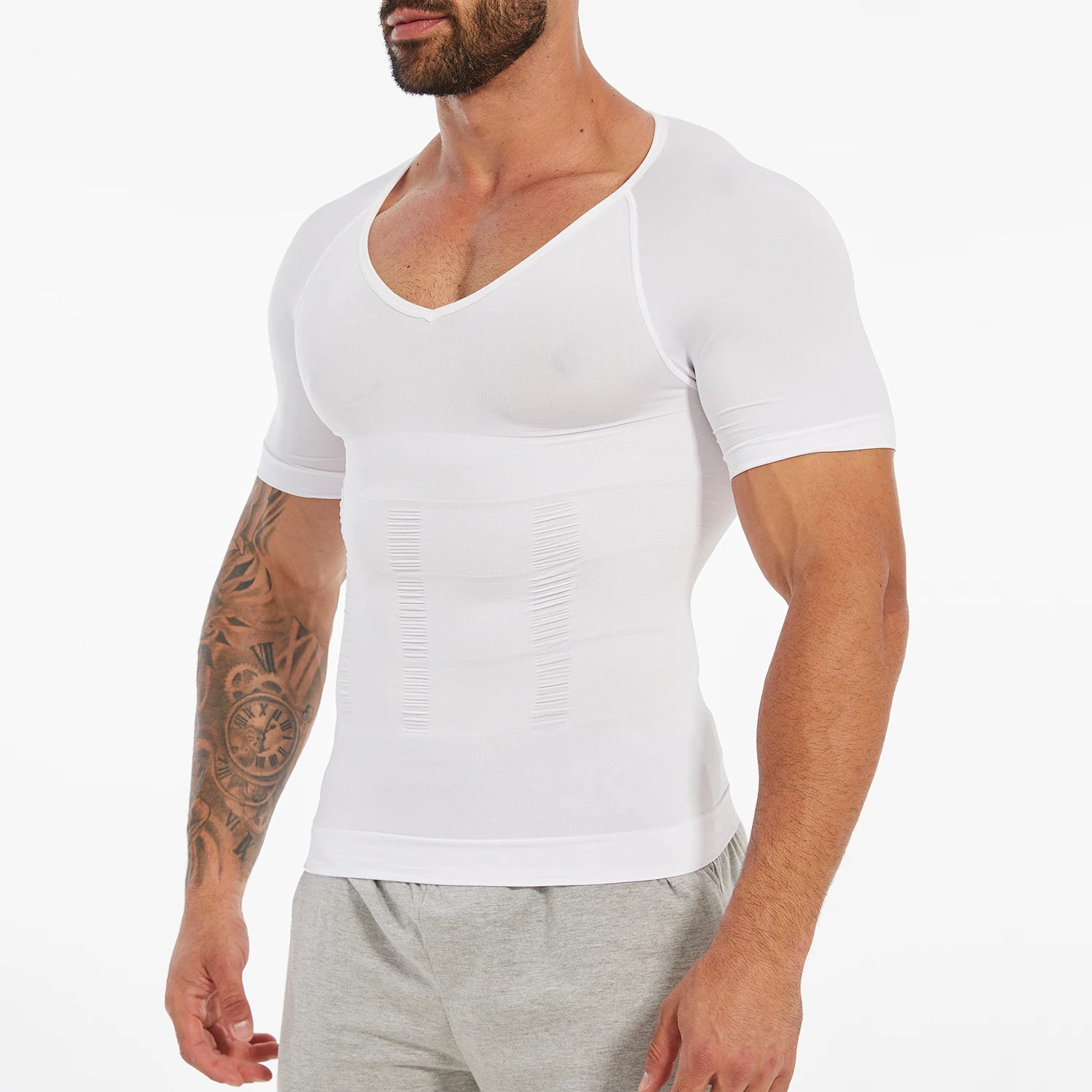 Simples Market men's white V-neck short-sleeve compression T-shirt with tummy-control panels
