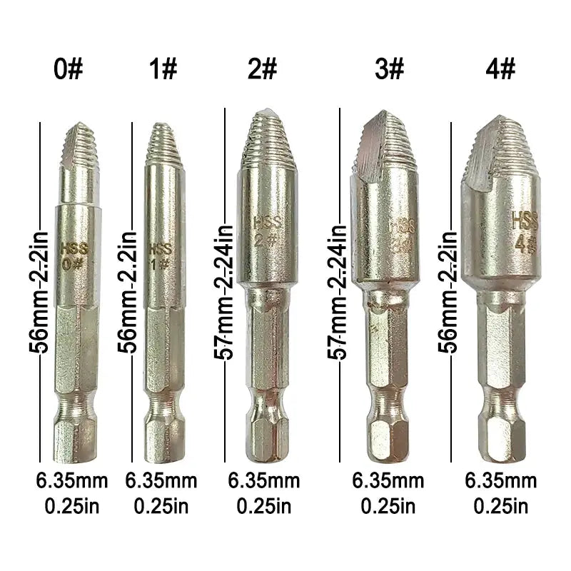 5 Piece Hex Handle Screw Extractor Set For Wood And Metal Removal With Single Head Cutting Edge