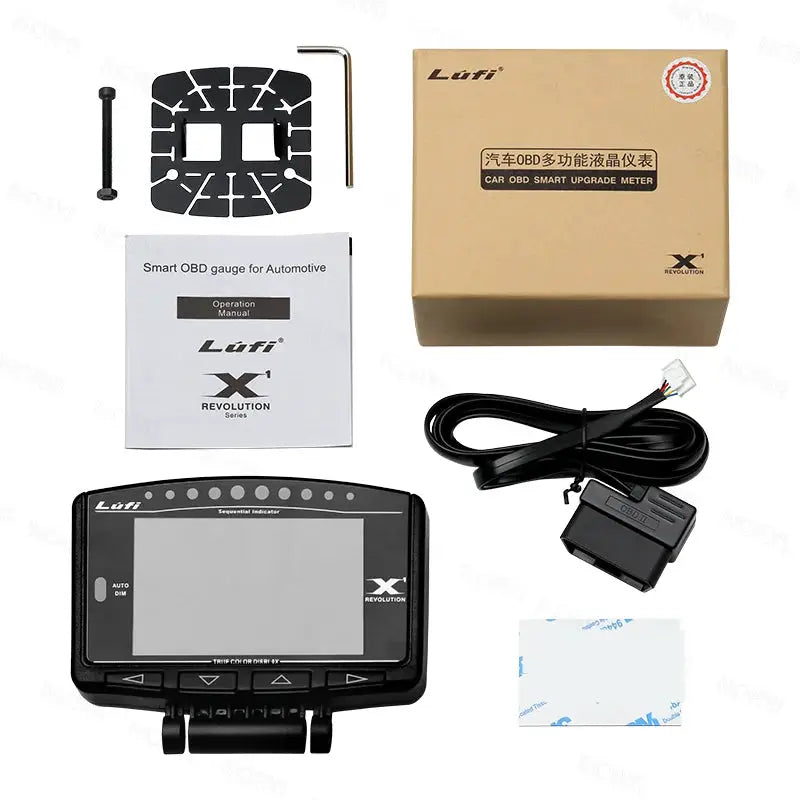 Lufi X1 Revolution OBD car gauge 8-piece kit with black display unit, mounting plate, cable, and manual by Simples Market