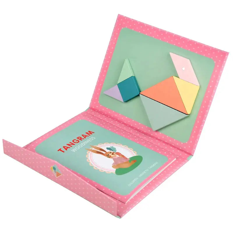 Wooden Jigsaw Magnetic Tangram Puzzle Book For Children Montessori Educational Toy Portable Learning Intelligence