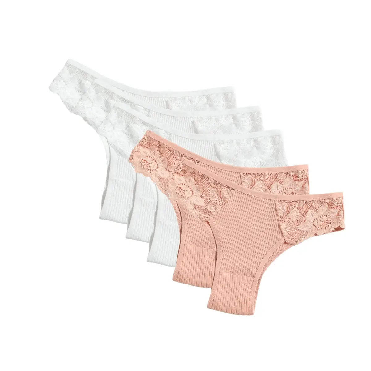 5-pack women's cotton panties with floral lace side panels, ribbed low-rise briefs in white and peach