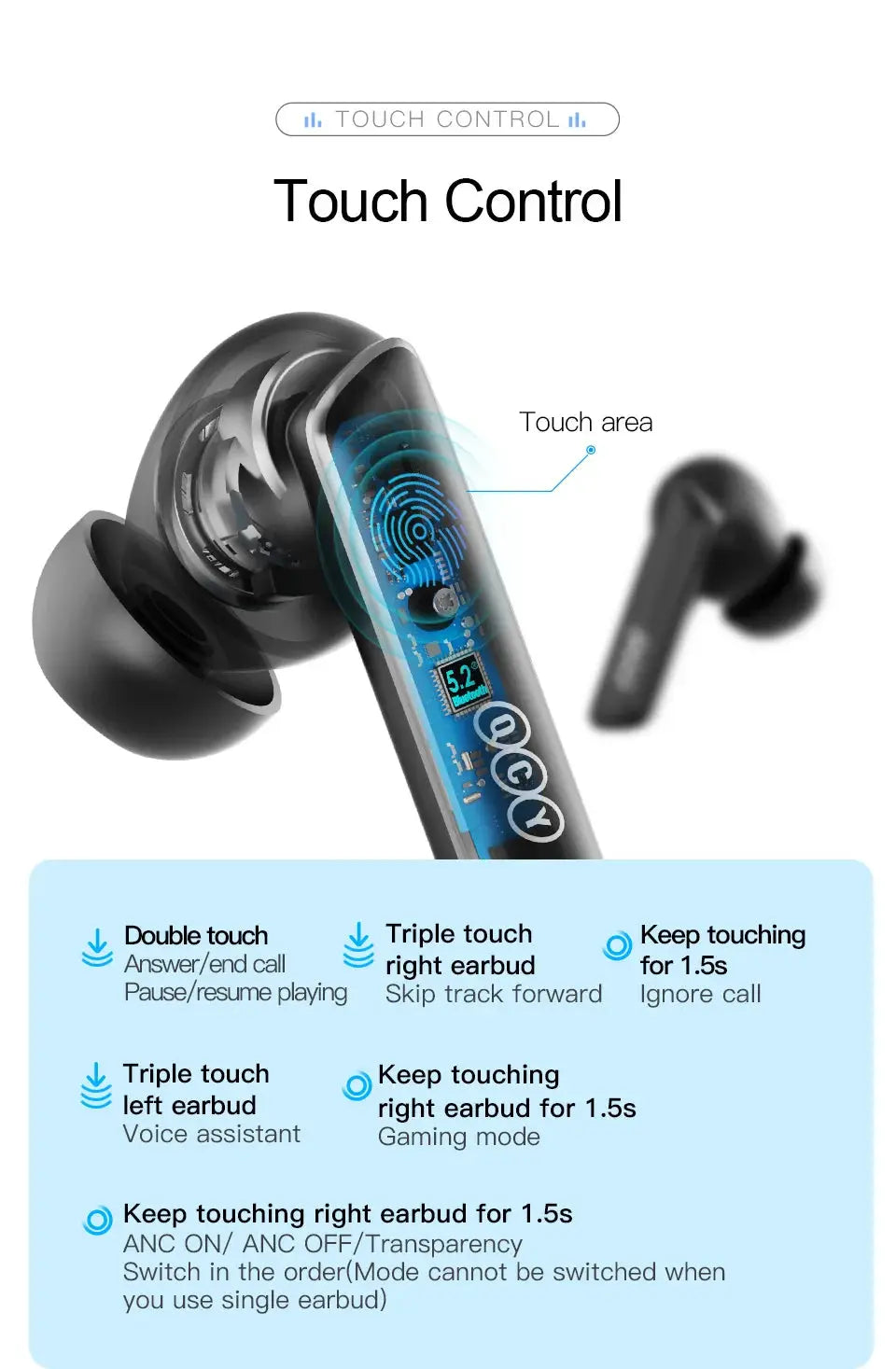 QCY HT05 ANC wireless earbuds, black with touch control and Bluetooth 5.2