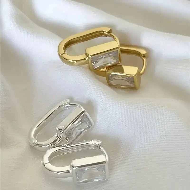 Huitan Fashion Rectangular Cubic Zirconia Hoop Earrings For Women Silver And Gold Color Jewelry - Simples Market