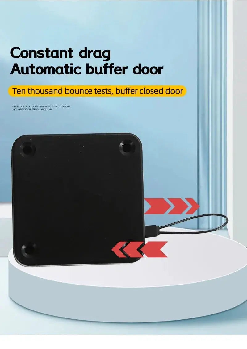 Automatic drawstring door closer, black plastic unit with cord on a white circular platform.