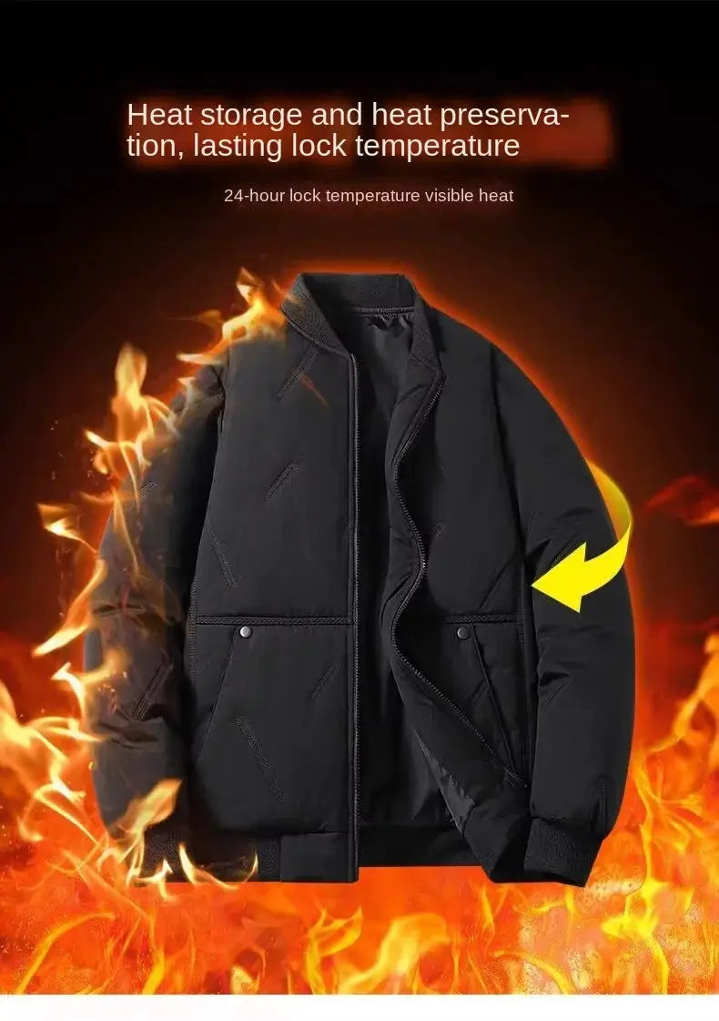 Men's black cotton baseball jacket with warm lining and zip closure.