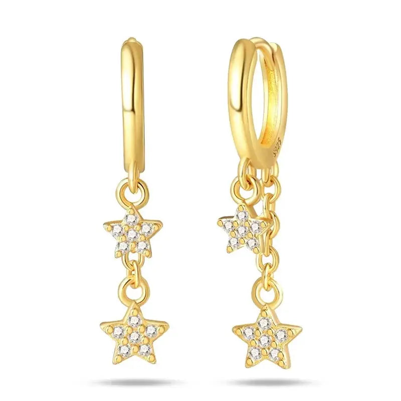 Golden-tone hoop earrings with dangling crystal star charms, pair by Simples Market