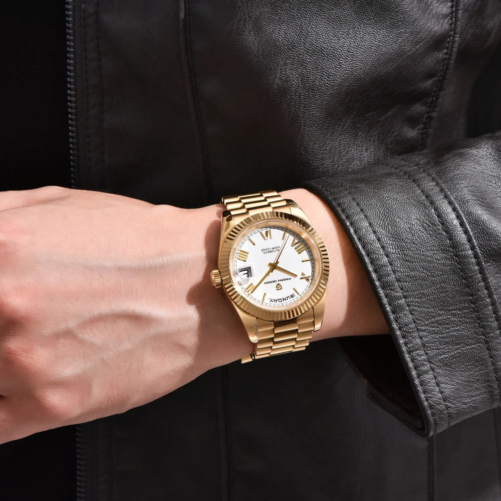 Pagani Design gold-tone men's automatic wristwatch with white dial and date window on a matching bracelet.