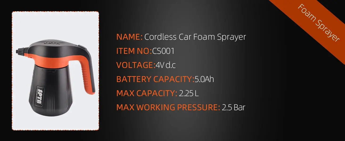 Cordless car foam sprayer by Simples Market, black and orange handheld pump with 2.25L capacity