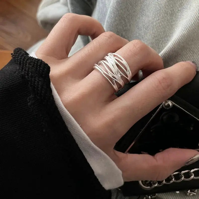 Ventfille 925 Sterling Silver Rings Fashion Hip Hop Vintage Couples Hollow Lines Punk Silver Party Adjustable Jewelry