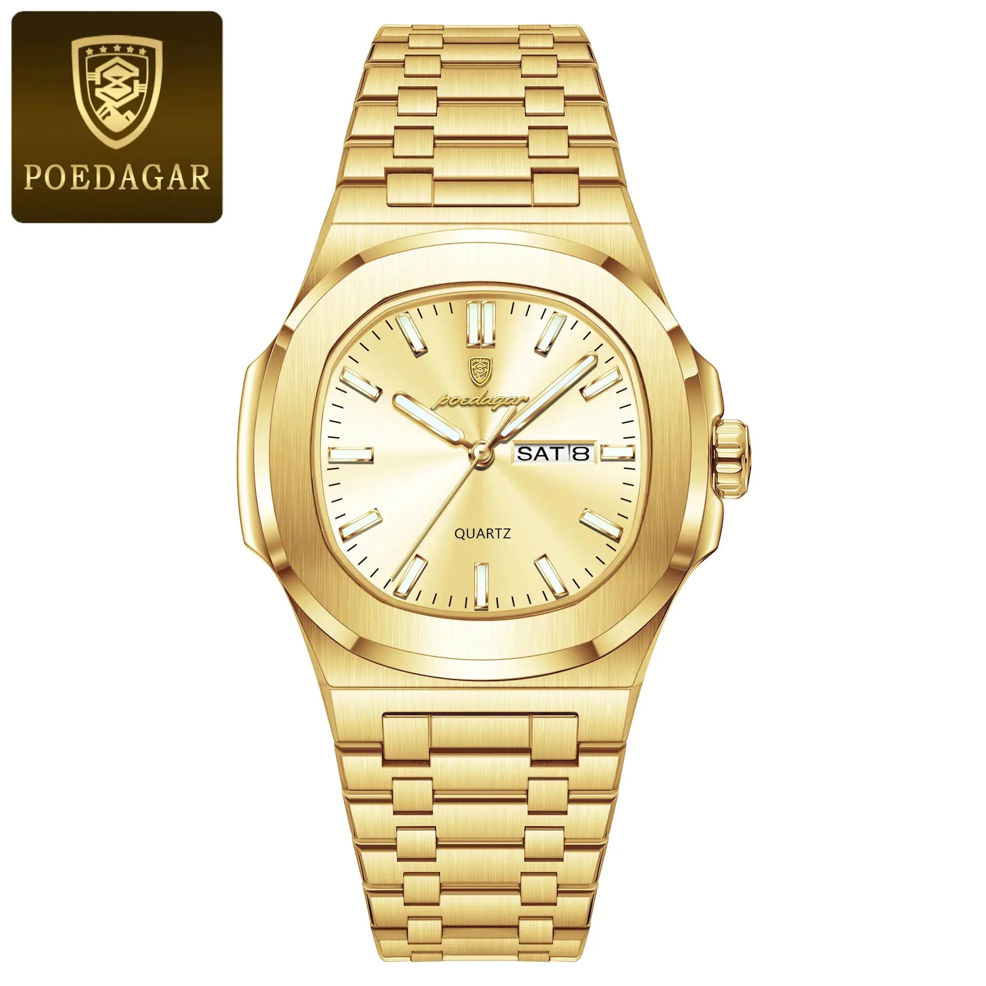 POEDAGAR gold-tone stainless steel men's watch with day-date window