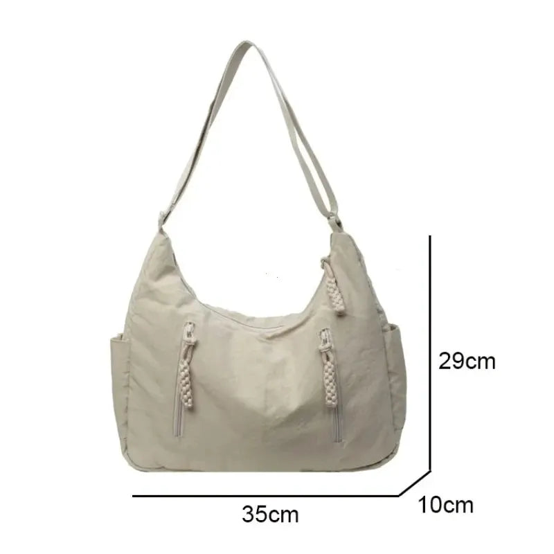 Simples Market Trendy women's soft beige cloth shoulder bag with front dual zip pockets, 35×29×10 cm