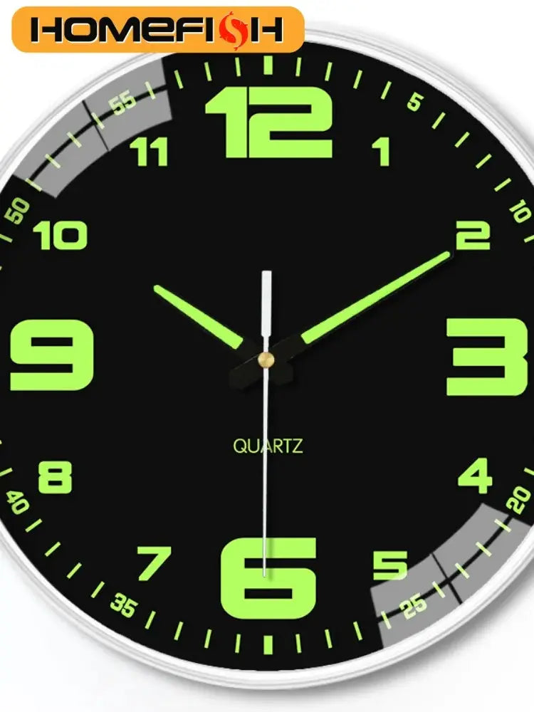 8 Inch wall clock with black dial, neon green luminous numerals and hands, silver frame